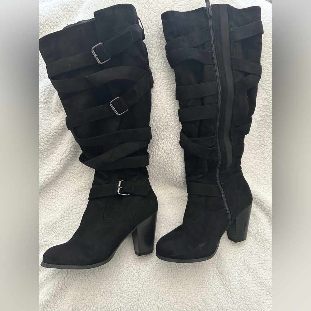 Torrid Shoes | Torrid Black Suede Knee High Multi Strap Buckle Heeled Boots